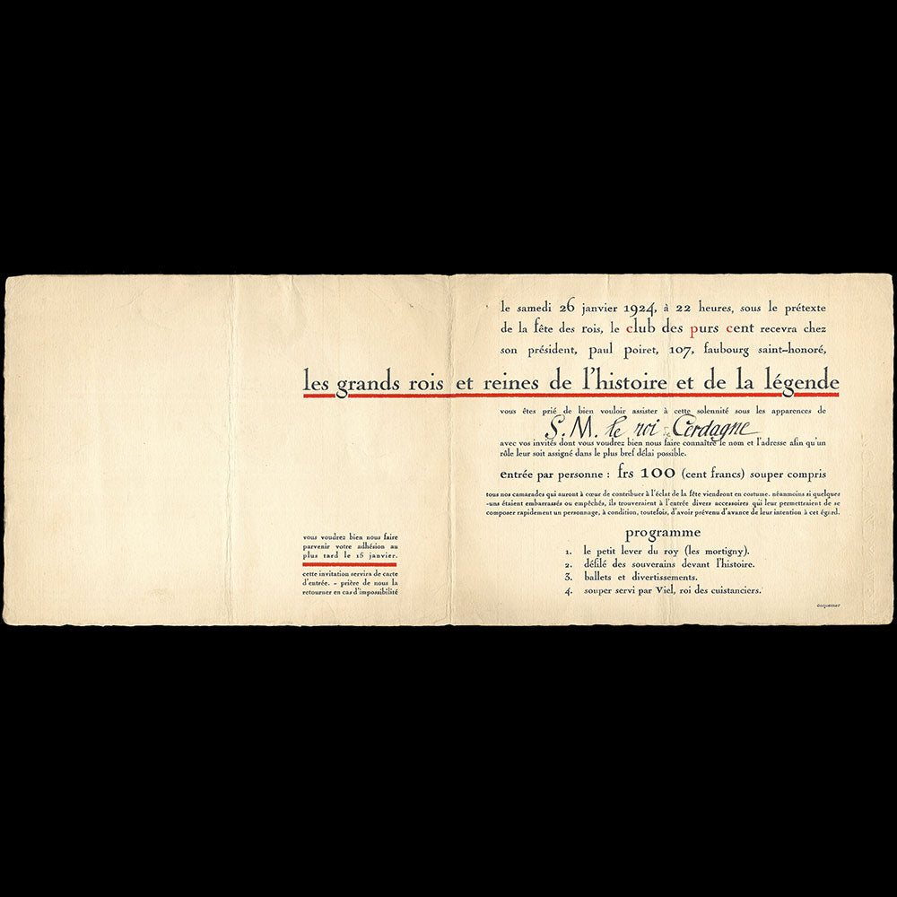 Paul Poiret - Les Purs Cent tirent les rois, invitation illustrée de Guy Arnoux (1924)