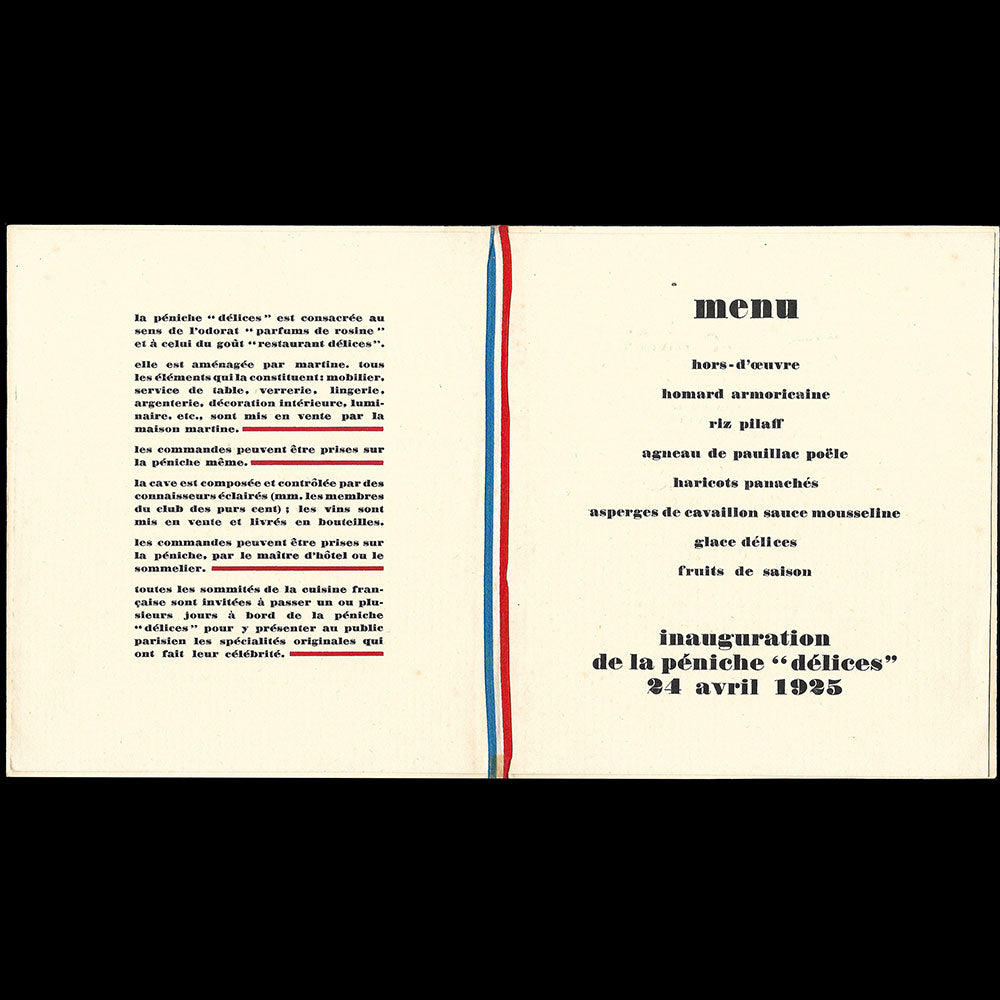 Paul Poiret - Menu d'inauguration de la péniche Délices à l'exposition des arts décoratifs (1925)