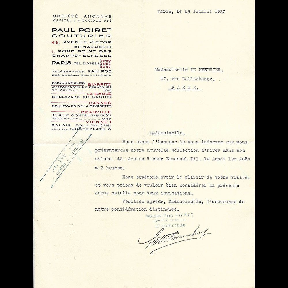 Paul Poiret - Invitation pour la collection hiver 1927