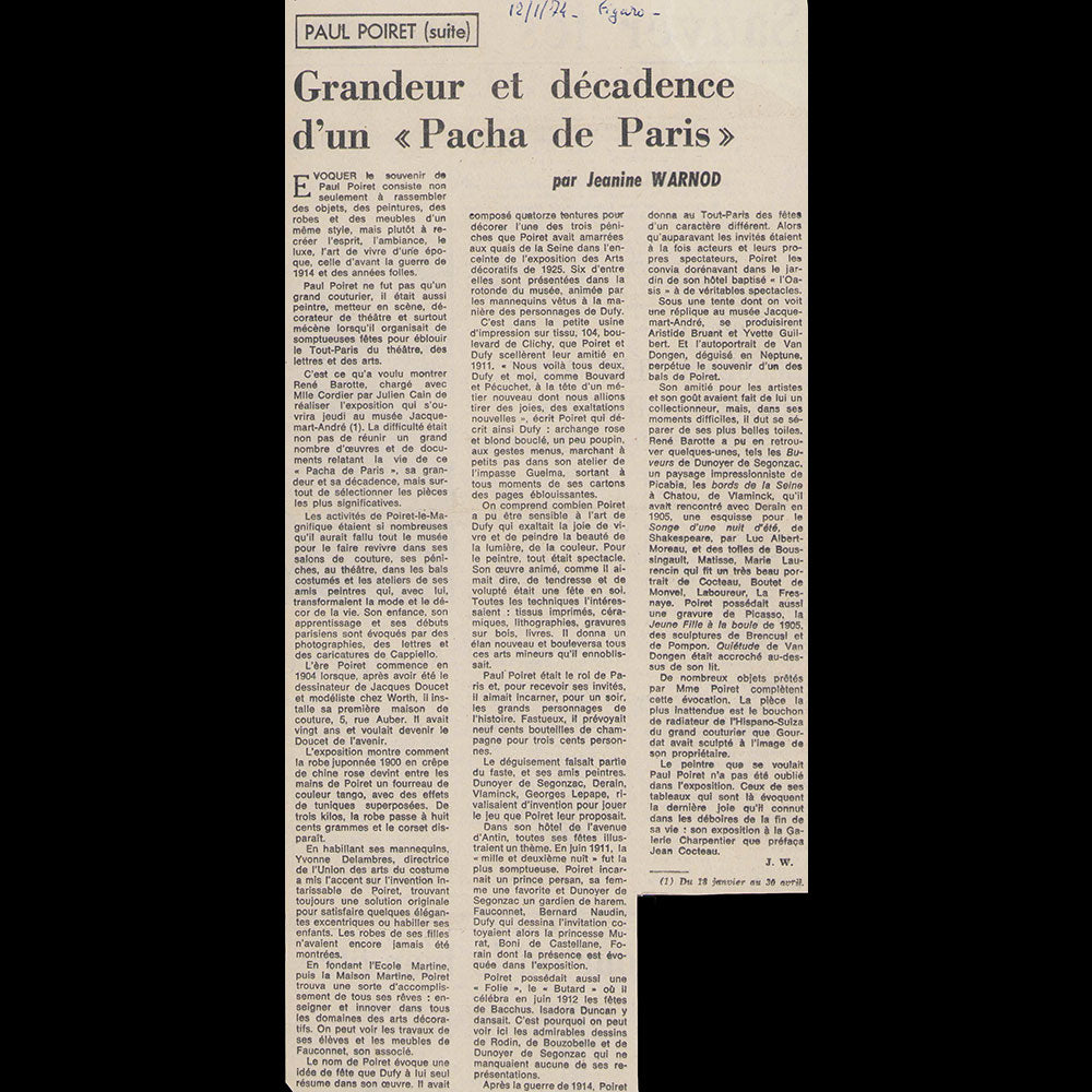 Poiret, grandeur et décadence d'un pacha de Paris, article de Jeanine Warnod pour Le Figaro (1974)