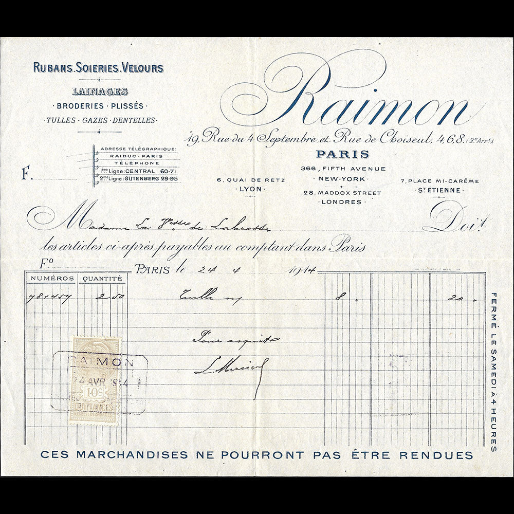 Raimon - Facture de la maison de tissus, 4, 6, 8 rue de Choiseul à Paris (1914)