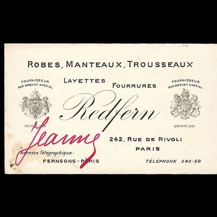 Redfern - Carte de la maison Redfern & sons, 242, rue de Rivoli à Paris (circa 1900-1910)