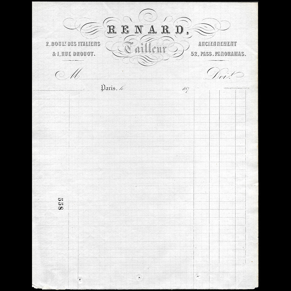 Renard - Facture du tailleur, 2 boulevard des Italiens à Paris (circa 1870)