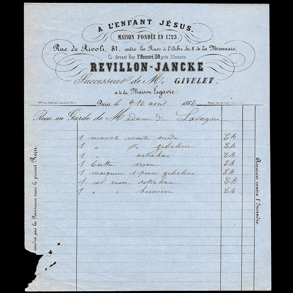 Revillon-Jancke -  Facture de la maison de fourrures A l'Enfant Jésus, 81 rue de Rivoli à Paris (1866)