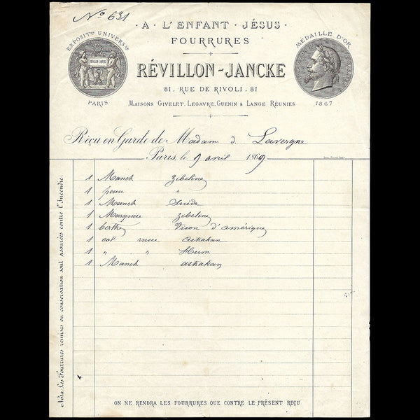 Revillon-Jancke -  Facture de la maison de fourrures A l'Enfant Jésus, 81 rue de Rivoli à Paris (1869)