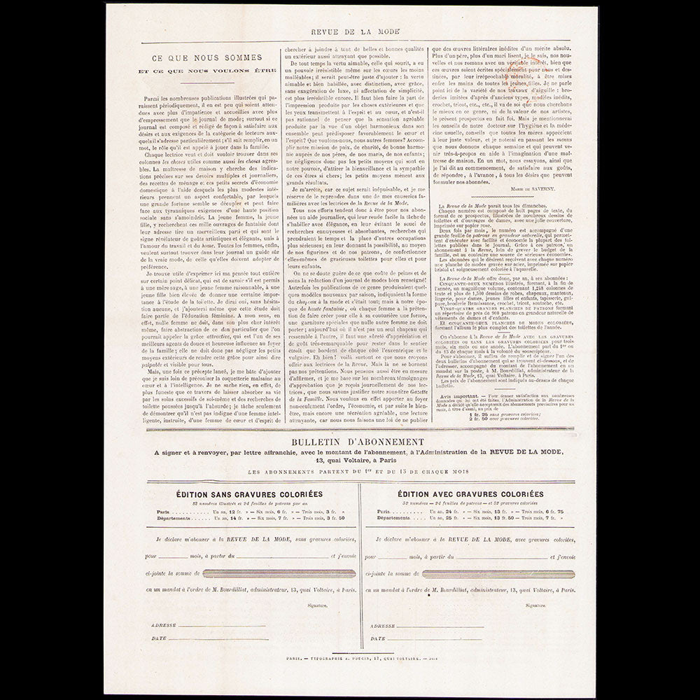 La Revue de la Mode - Document de présentation et d'abonnement (1876)