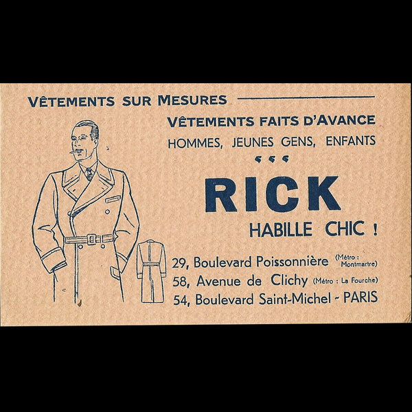 Rick habille chic - Document publicitaire du magasin de vêtements, 29  boulevard Poissonnière à Paris (circa 1930-1940s)