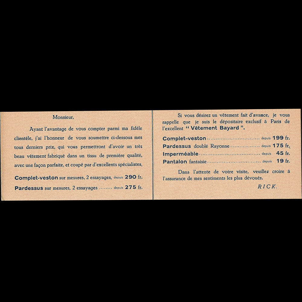 Rick habille chic - Document publicitaire du magasin de vêtements, 29  boulevard Poissonnière à Paris (circa 1930-1940s)