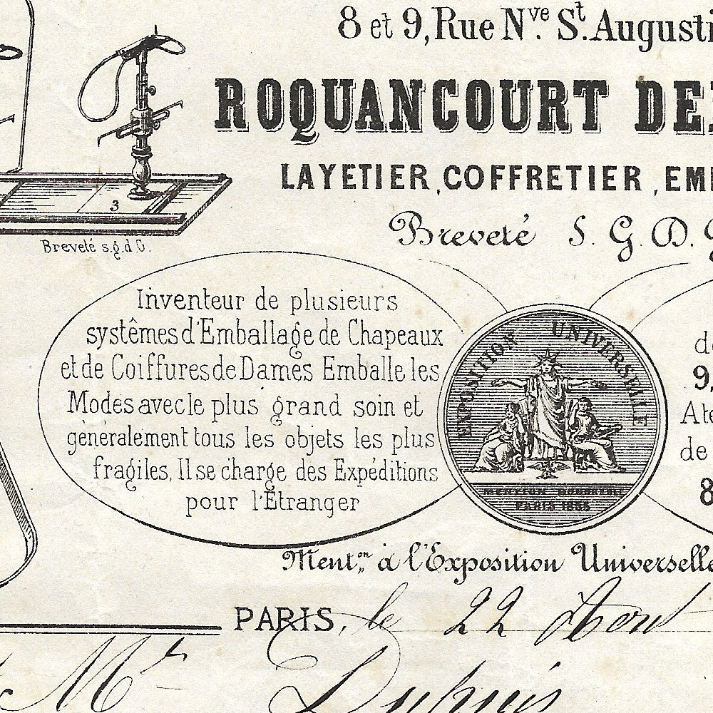 Roquancourt Demarcq - Facture du layetier, coffretier, emballeur, 8 et 9 rue Saint-Augustin à Paris (1878)