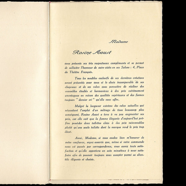 Rosine Aoust - Document de la maison de modes et couture, 4 place du théâtre français à Paris (circa 1930)