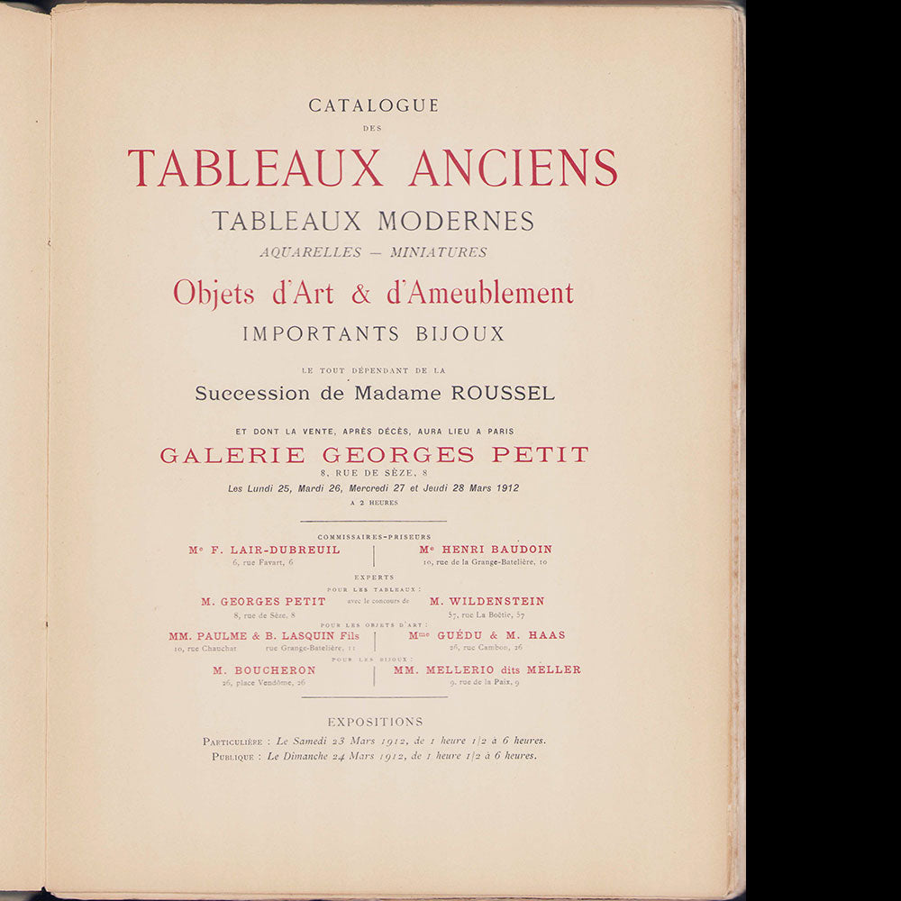 Catalogue de vente de la collection Roussel (1912)