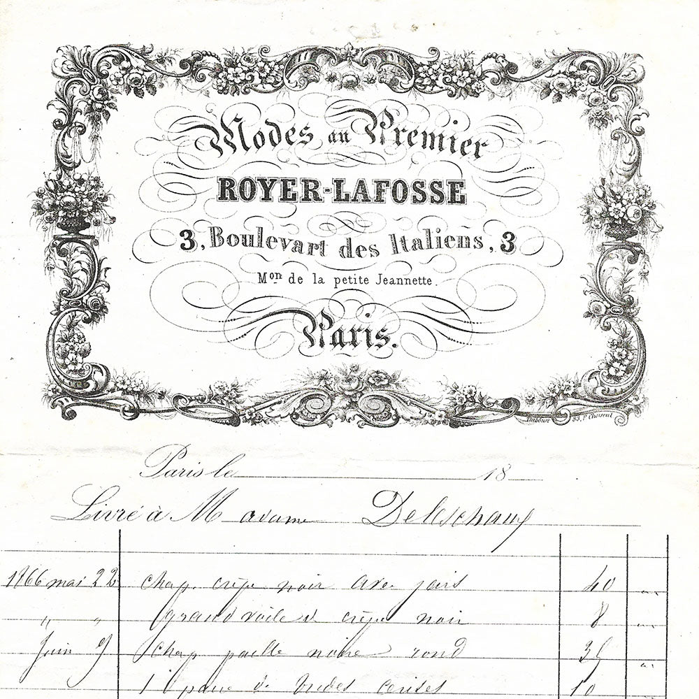 Royer Lafosse - Facture de la maison de modes, 3 boulevart des Italiens à Paris (1866)
