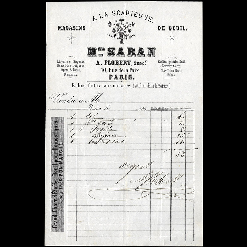 A la Scabieuse, Maison Saran - Facture du magasin de deuil, 10 rue de la Paix à Paris (circa 1860s)