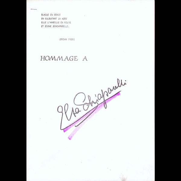 Hommage à Elsa Schiaparelli, dossier de presse (1984)