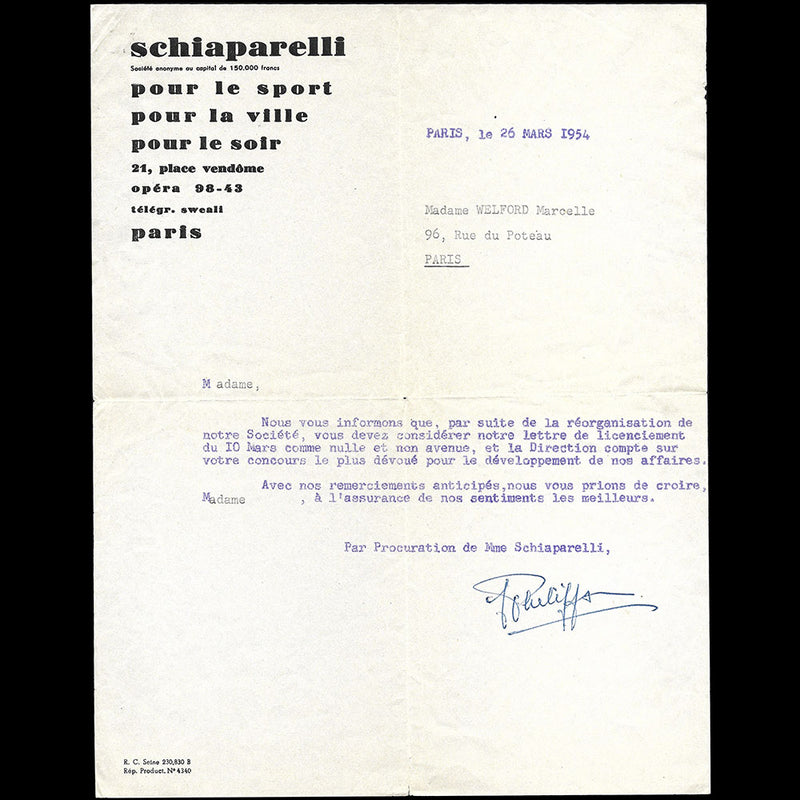 Schiaparelli - Lettre adressée à une employée (1954)