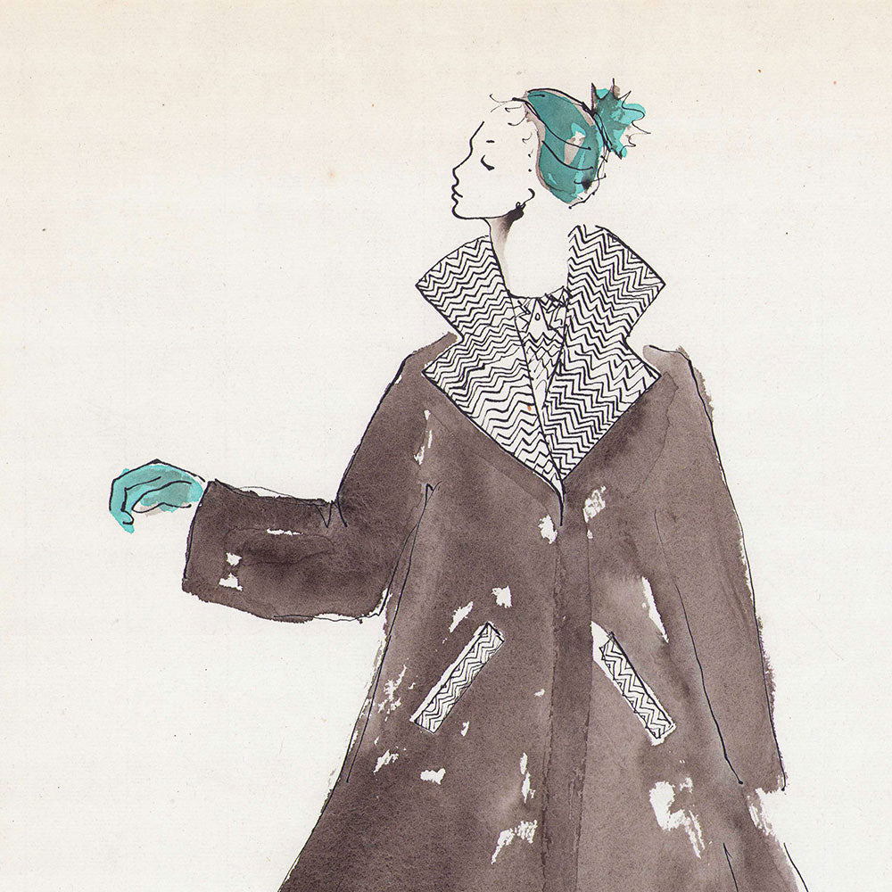 Serge Matta - Dessin de manteau en tweed et soie noire pour Schiaparelli (1950-1954)