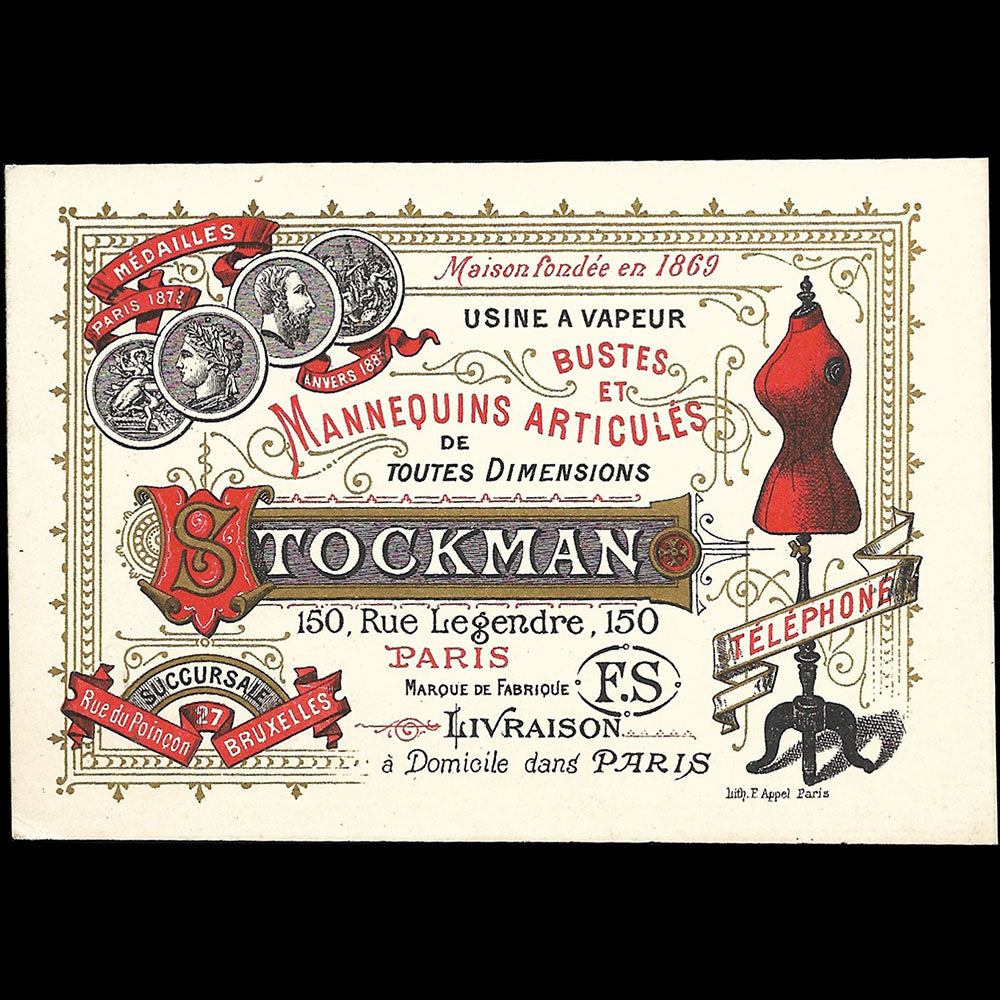 Stockman - Carte de la fabrique de bustes et mannequins articulés, 150 rue Legendre à Paris (circa 1890s)