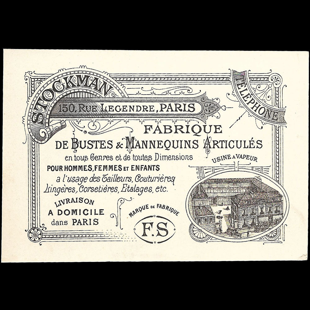 Stockman - Carte de la fabrique de bustes et mannequins articulés, 150 rue Legendre à Paris (circa 1890s)