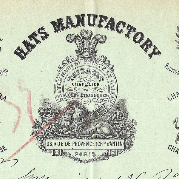 Thibault, Hats Manufactory - Facture du chapelier, 66 rue de Provence à Paris (1887)