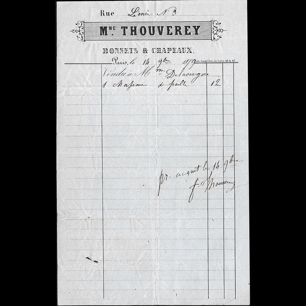 Mme Thouverey - Facture de la maison de bonnets et chapeaux, 3 rue Léonie à Paris (1859)