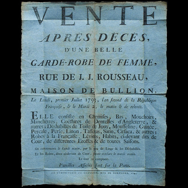 Vente d'une belle garde robe de femme - affiche de vente aux enchères (1793)