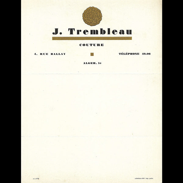 Trembleau - Papier à lettres de la maison de couture, 4 rue Ballay à Alger (cira 1925-1930)