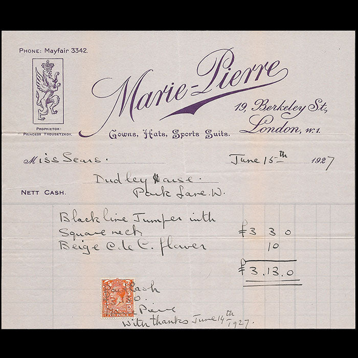 Marie-Pierre - Facture de la maison de couture de la Princesse Troubetzkoy, 19 Berkeley Street à Londres (1927)