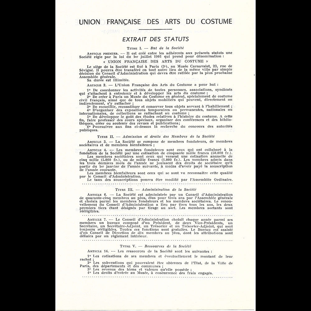 UFAC - Pour un Musée du Costume Français, document de l'Union Française des Arts du Costume (1951)