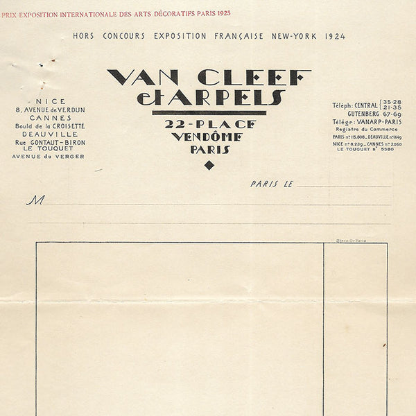 Van Cleef & Arpels - Facture des joailliers, 22 place Vendôme à Paris (circa 1925)