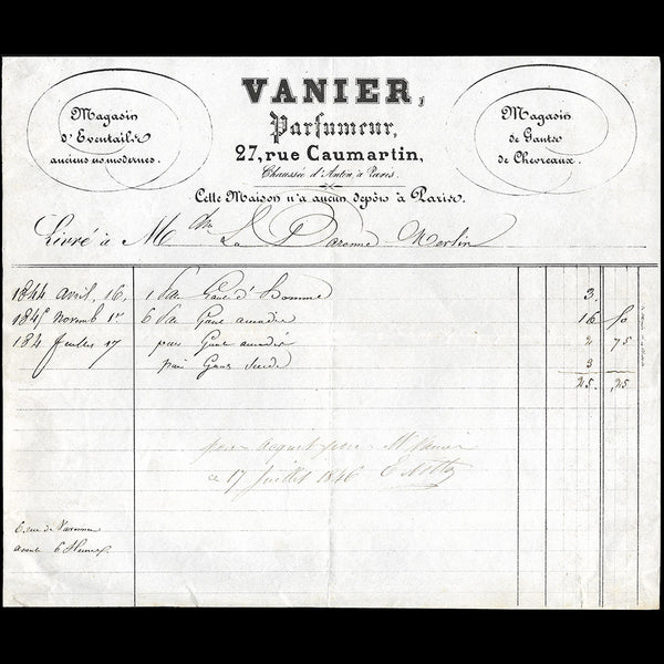 Vanier - Facture du parfumeur, 27 rue Caumartin à Paris (1844)