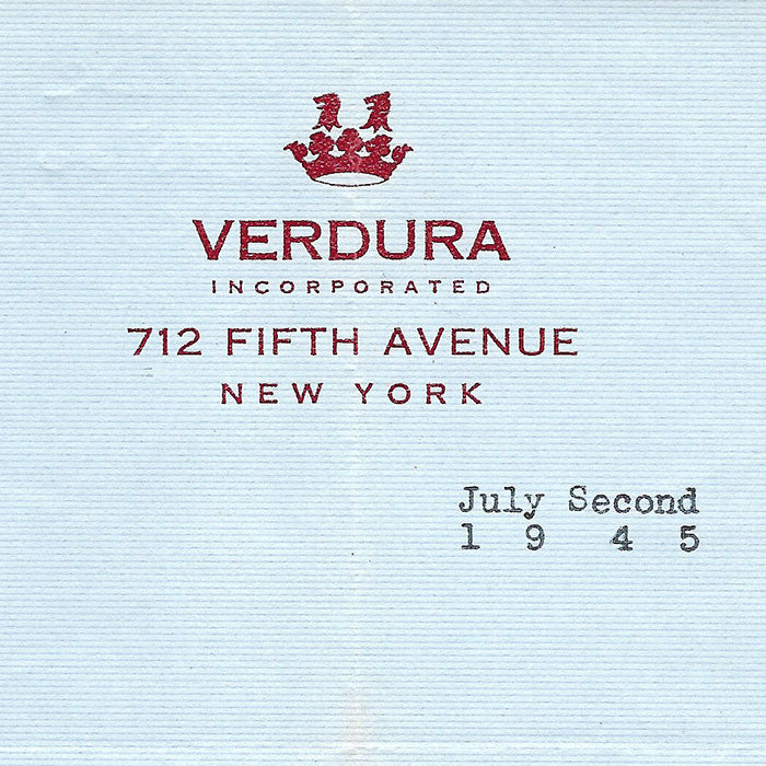 Verdura - Facture du bijoutier joaillier, 712 Fifth Avenue à New York (1945)