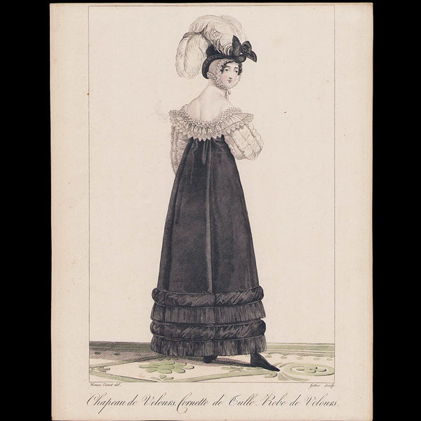 Incroyables et Merveilleuses, planche n°24, Merveilleuse au Chapeau de Velours, Cornette de Tulle, Robe de Velours par Horace Vernet (1815)