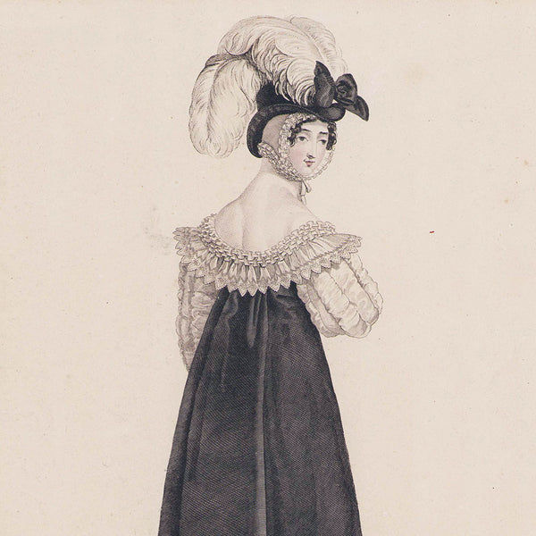 Incroyables et Merveilleuses, planche n°24, Merveilleuse au Chapeau de Velours, Cornette de Tulle, Robe de Velours par Horace Vernet (1815)