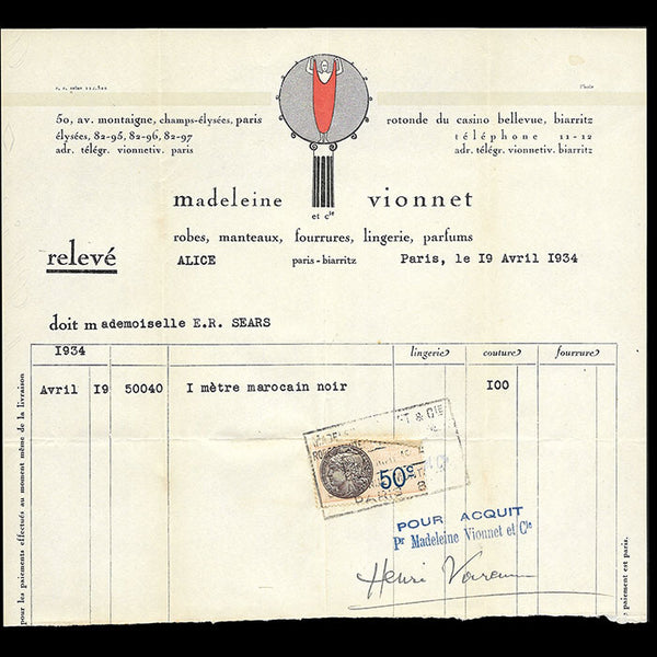 Vionnet - Facture, 50 avenue Montaigne à Paris (19 avril 1934)