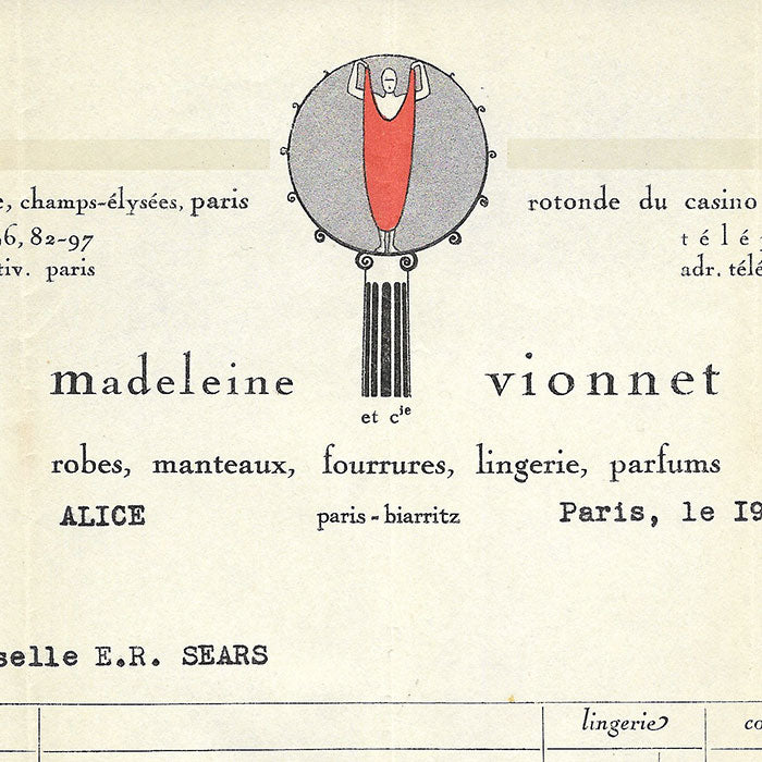 Vionnet - Facture, 50 avenue Montaigne à Paris (19 avril 1934)