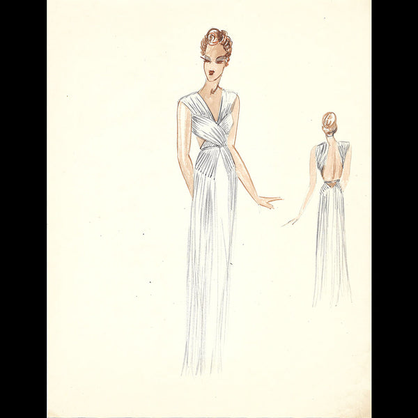 Vionnet - Dessin d'une robe du soir par Blanche Aubert (1930s)