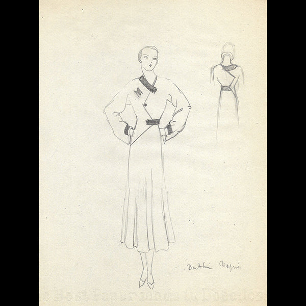 Vionnet - Dessin d'une robe par Berthe Chapin (circa 1930)