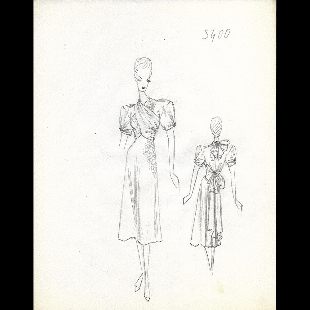 Vionnet - Dessin d'une robe par Blanche Aubert pour l'été 1939