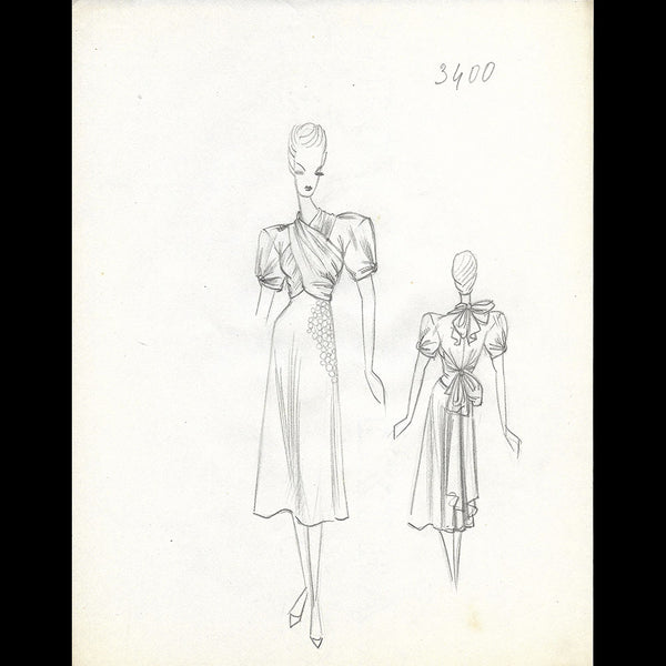 Vionnet - Dessin d'une robe par Blanche Aubert pour l'été 1939