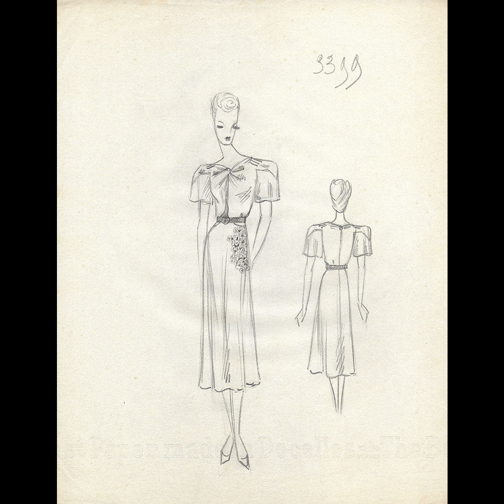 Vionnet - Dessin d'une robe de jour par Blanche Aubert pour l'été 1939