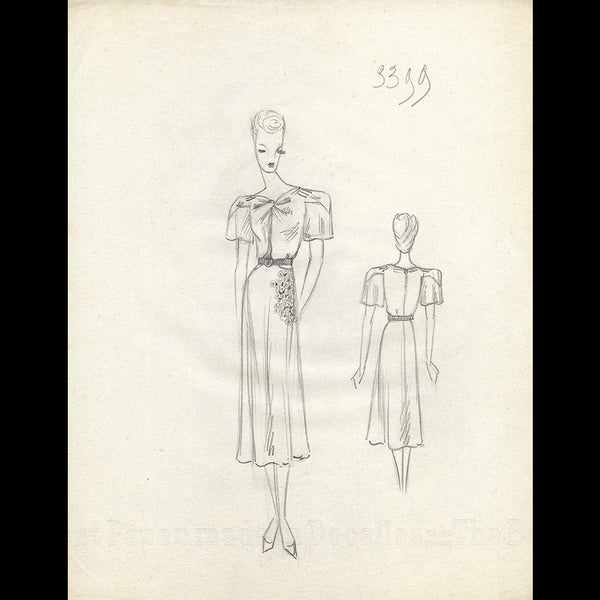 Vionnet - Dessin d'une robe de jour par Blanche Aubert pour l'été 1939