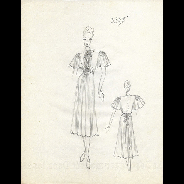 Vionnet - Dessin d'une robe de jour par Blanche Aubert pour l'été 1939