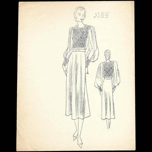 Vionnet - Ronéotype d'un dessin de robe de mousseline pour l'été 1938