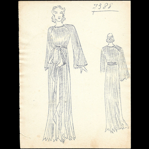 Vionnet - Ronéotype d'un dessin de robe d'intérieur pour l'été 1938
