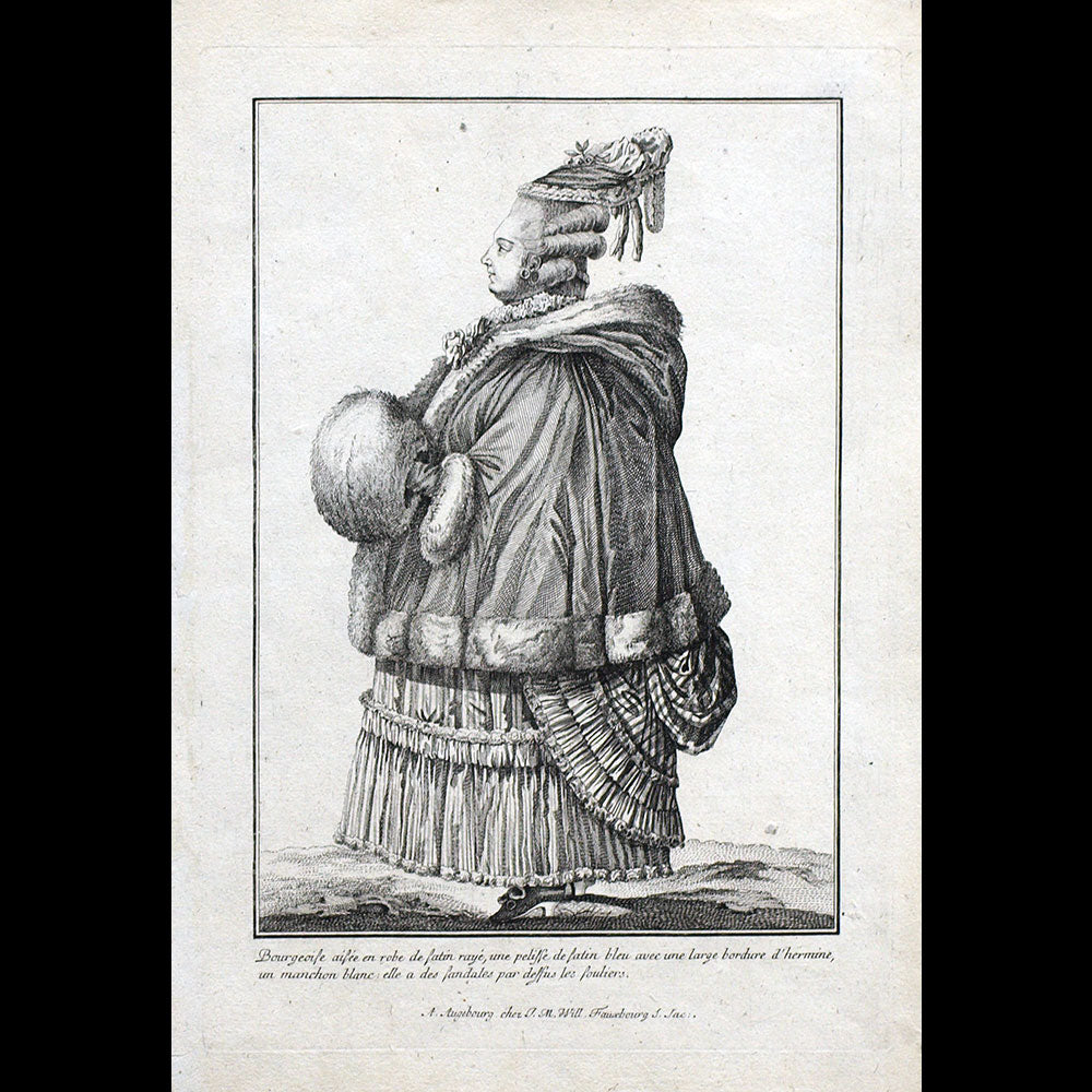 Gallerie des Modes et Costumes Français, gravure n° T 111, Bourgeoise aisée en robe de satin rayé (1779), copie allemande