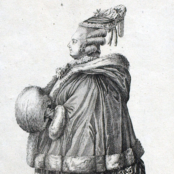 Gallerie des Modes et Costumes Français, gravure n° T 111, Bourgeoise aisée en robe de satin rayé (1779), copie allemande