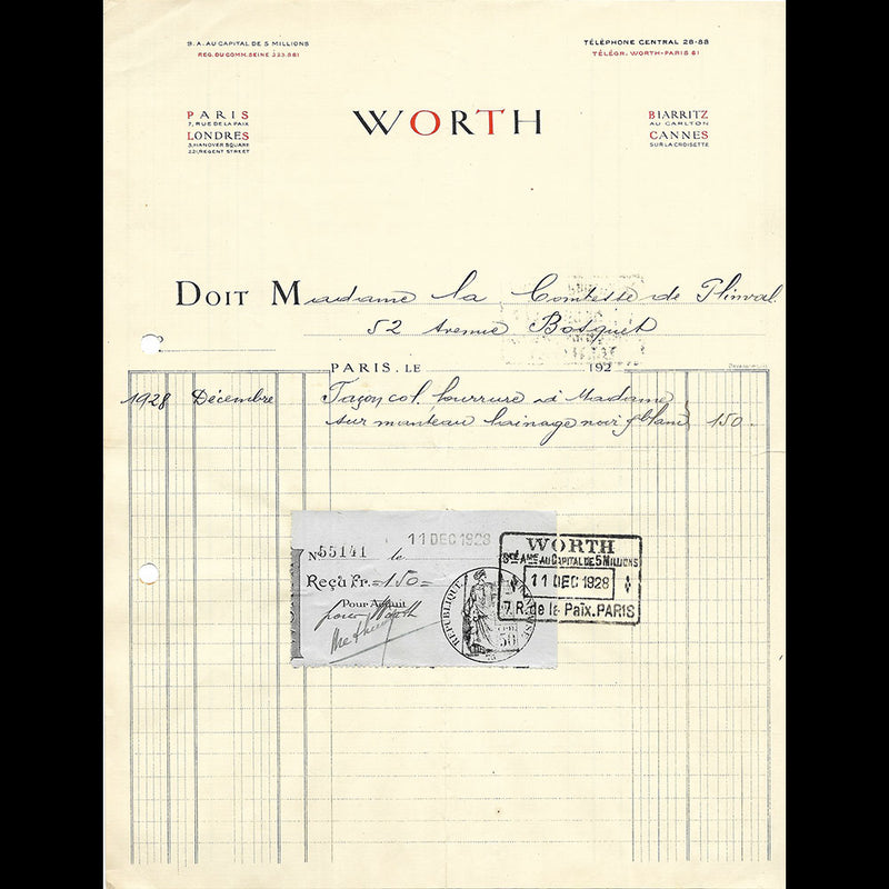 Worth - Facture de la maison de couture, 7 rue de la Paix, Paris (1928)