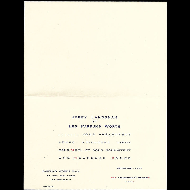 Parfums Worth New York - Carte de voeux pour l'année 1958 (1957)